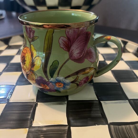 Mackenzie Childs Green Enamel Flower Market Floral Coffee Mug Cup B - Picture 1 of 4